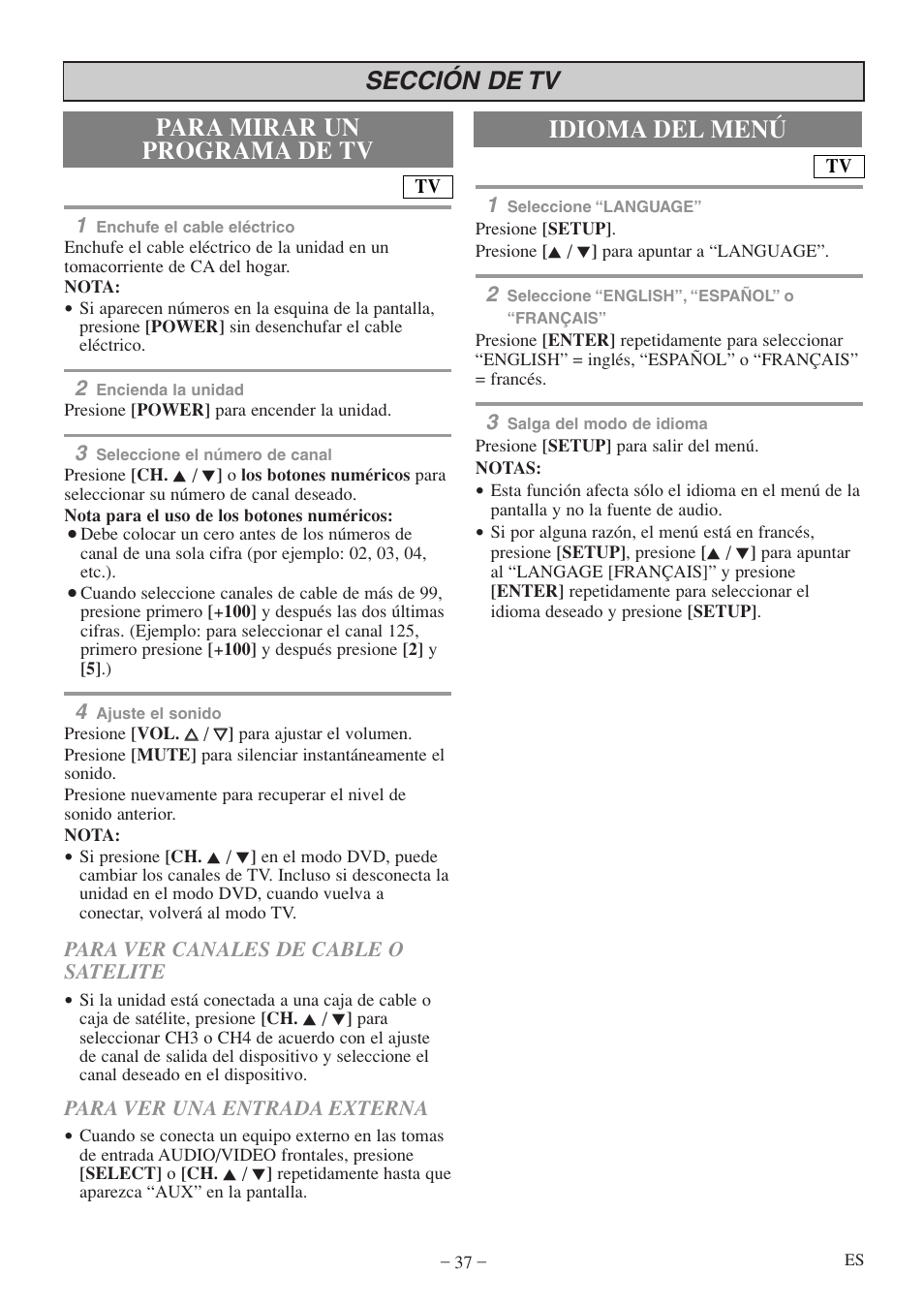 Idioma del menú, Sección de tv para mirar un programa de tv | Sylvania 6513DF User Manual | Page 37 / 40