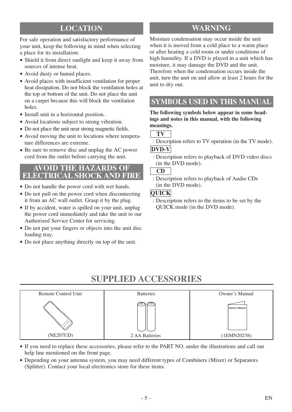 Supplied accessories, Warning, Symbols used in this manual | Sylvania 6513DF User Manual | Page 5 / 40