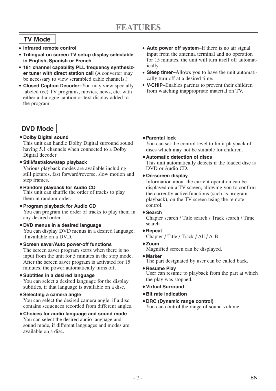 Features, Tv mode, Dvd mode | Sylvania 6513DF User Manual | Page 7 / 40