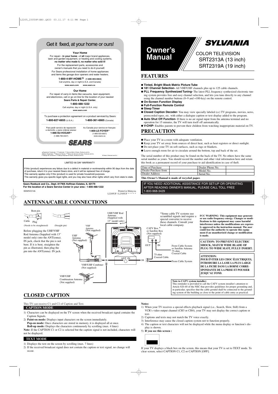 Sylvania SRT2313A User Manual | 8 pages