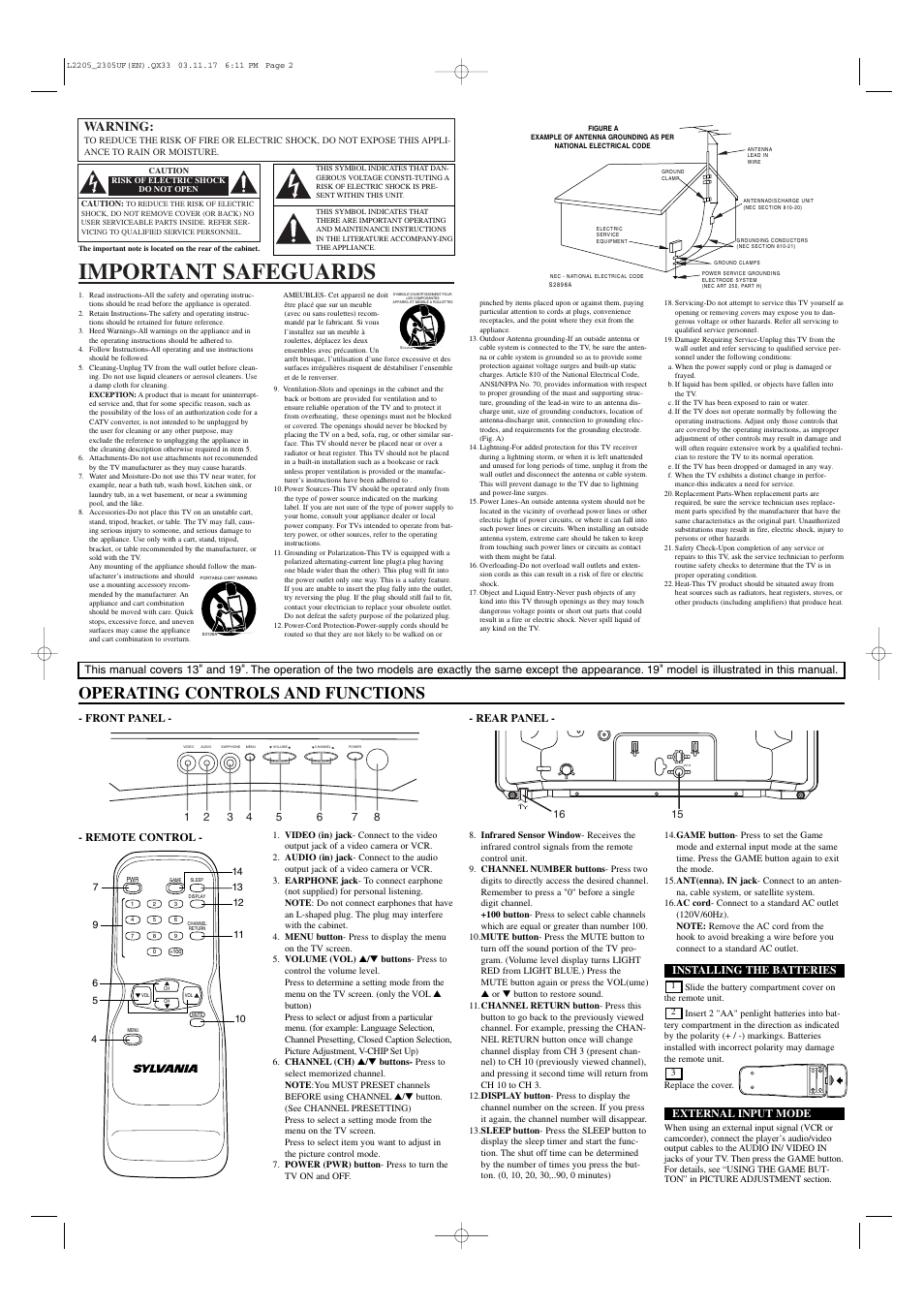 Important safeguards, Operating controls and functions, Warning | Sylvania SRT2313A User Manual | Page 2 / 8