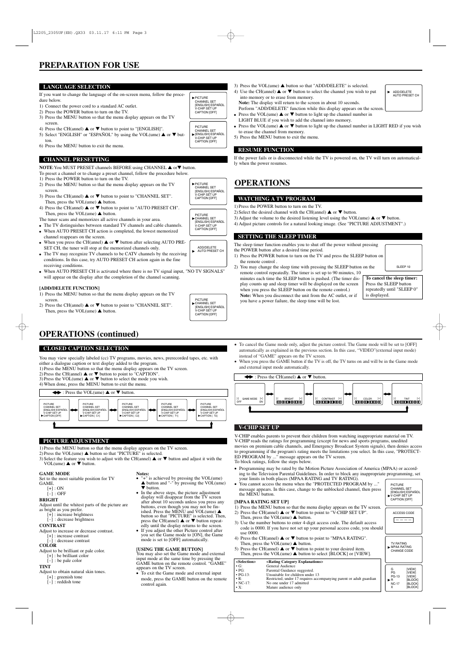 Preparation for use, Operations (continued), Operations | Sylvania SRT2313A User Manual | Page 3 / 8