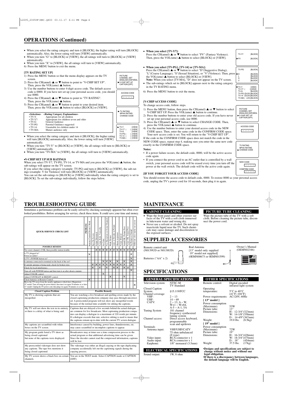 Specifications operations (continued), Maintenance, Supplied accessories troubleshooting guide | Owner’s manual | Sylvania SRT2313A User Manual | Page 4 / 8