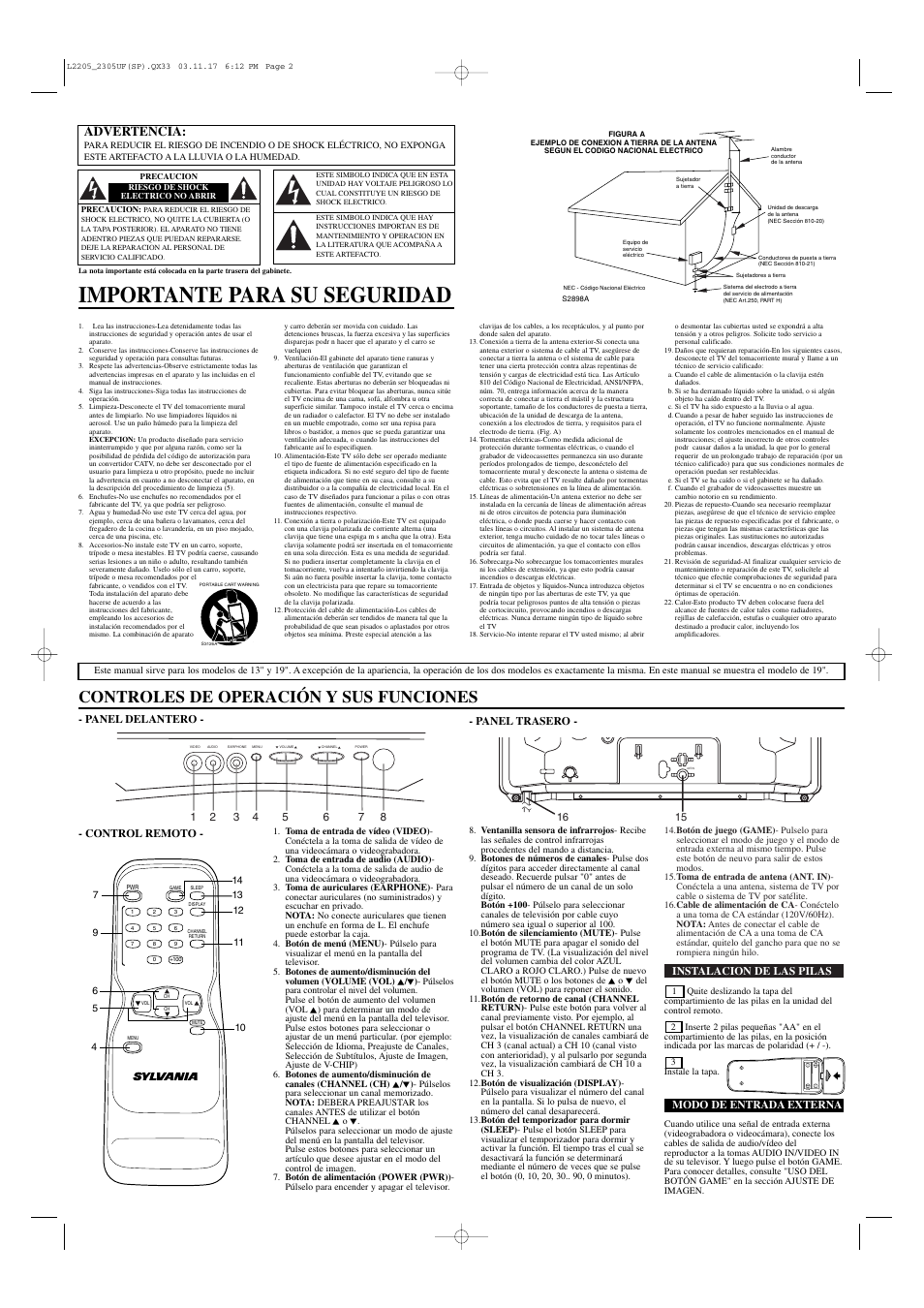 Importante para su seguridad, Controles de operación y sus funciones, Advertencia | Sylvania SRT2313A User Manual | Page 6 / 8