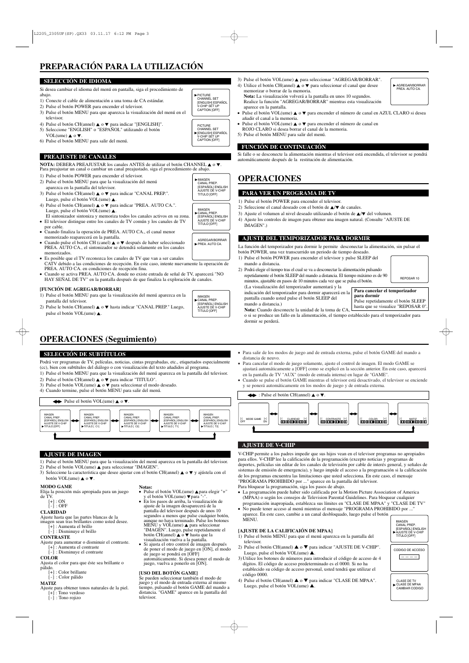Preparación para la utilización, Operaciones (seguimiento), Operaciones | Sylvania SRT2313A User Manual | Page 7 / 8