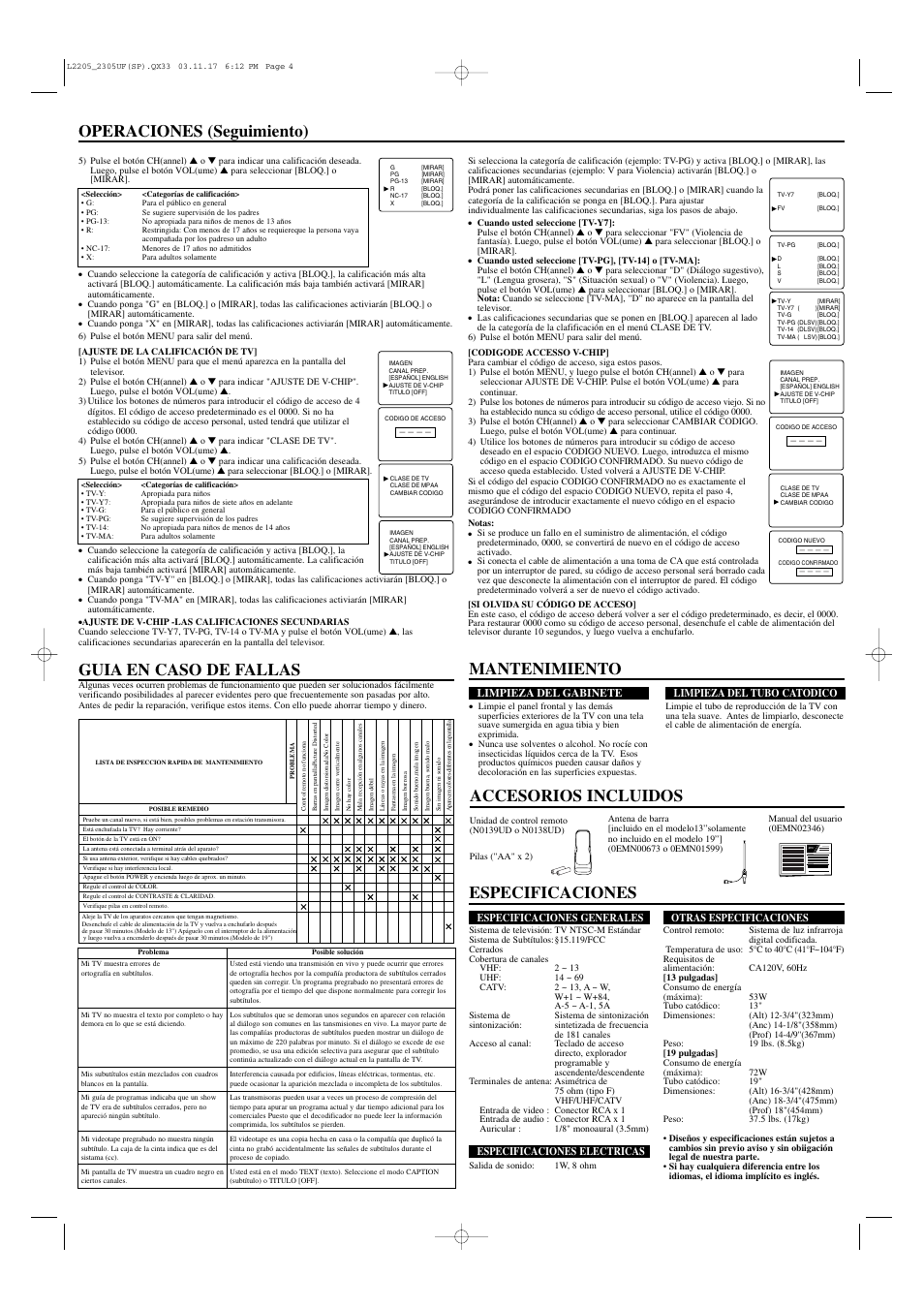 Accesorios incluidos guia en caso de fallas, Especificaciones, Mantenimiento operaciones (seguimiento) | Owner’s manual | Sylvania SRT2313A User Manual | Page 8 / 8
