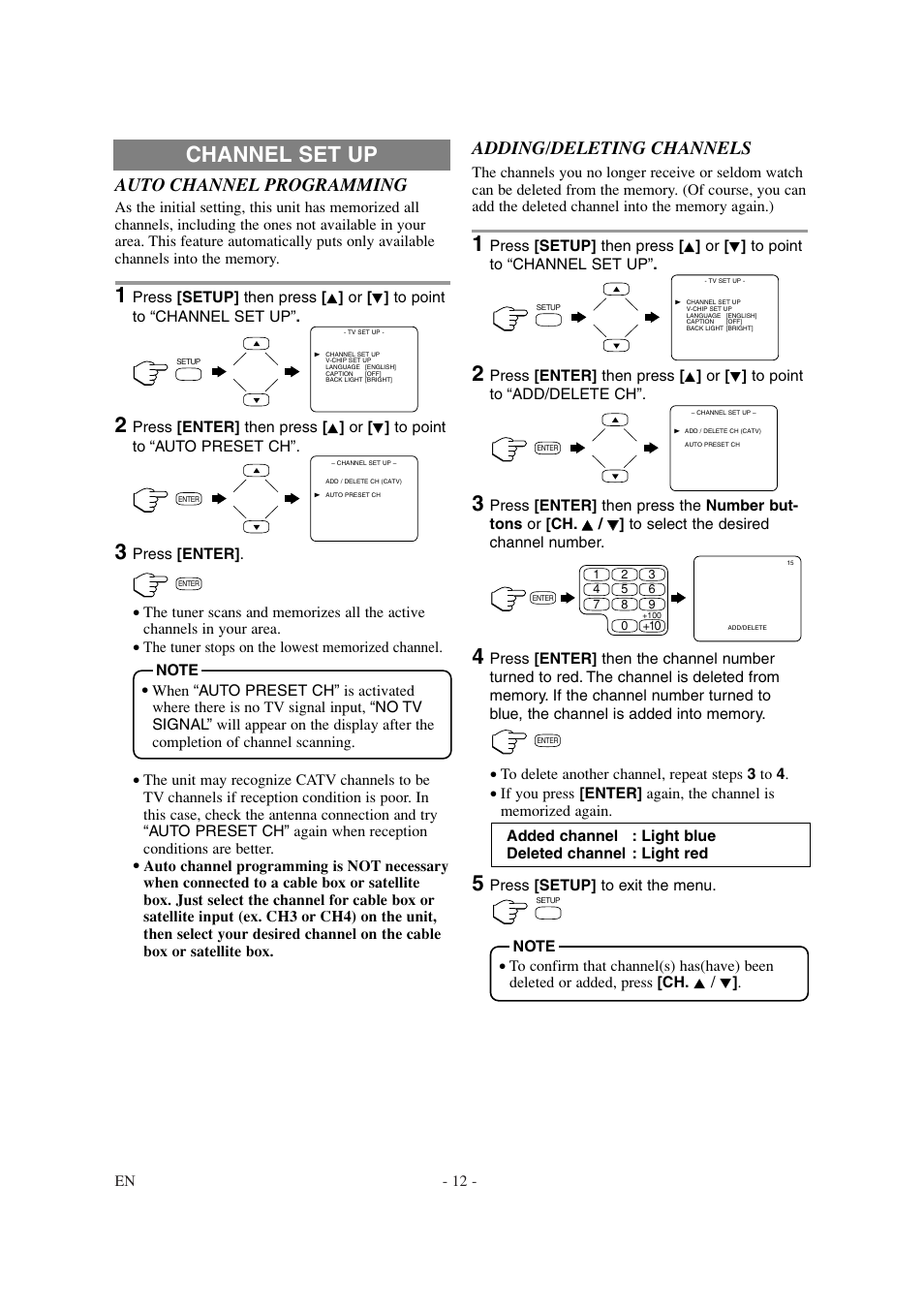Channel set up, Auto channel programming, Adding/deleting channels | Sylvania SSL15D6 User Manual | Page 12 / 44