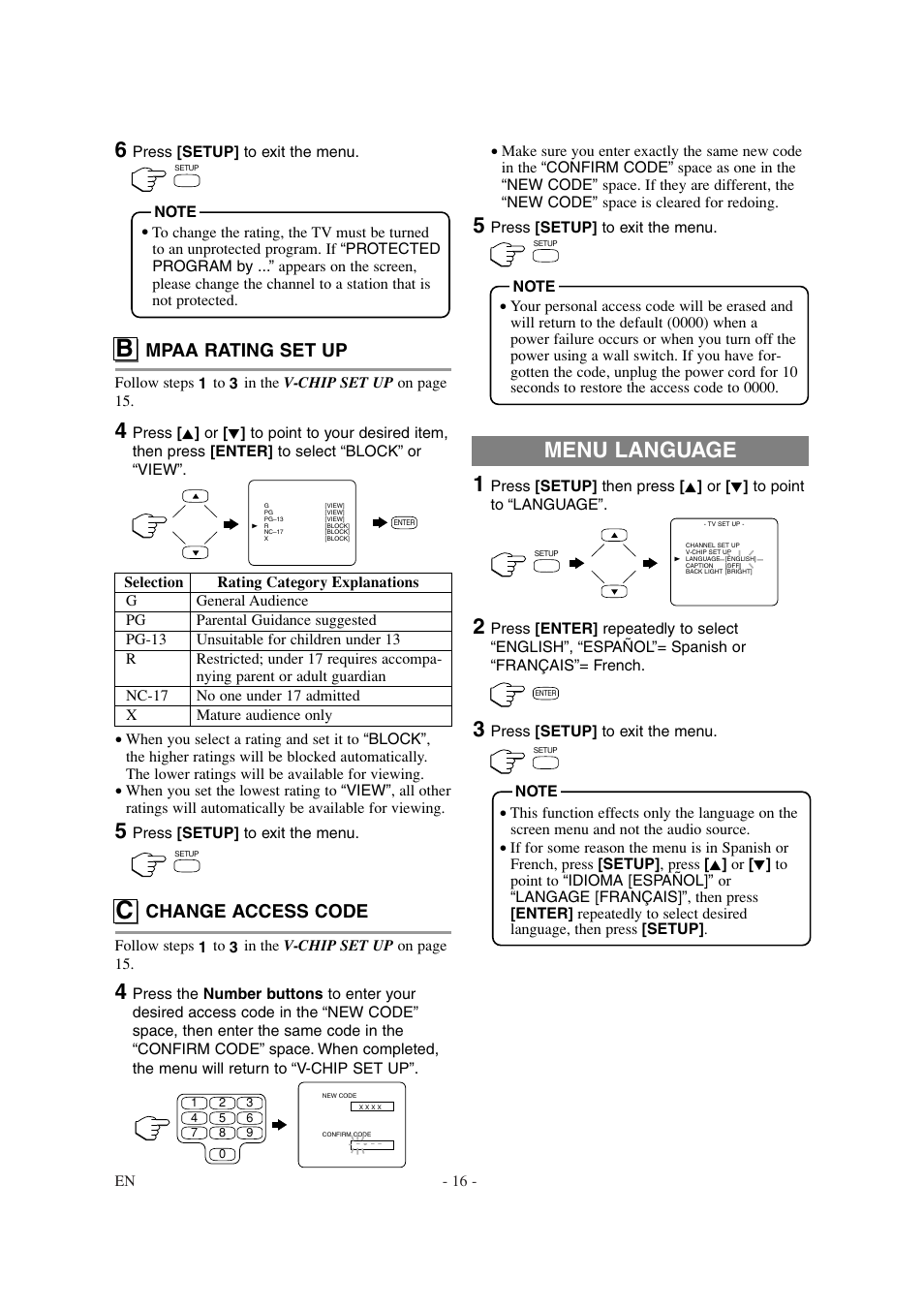 Menu language, Mpaa rating set up, Change access code | Sylvania SSL15D6 User Manual | Page 16 / 44