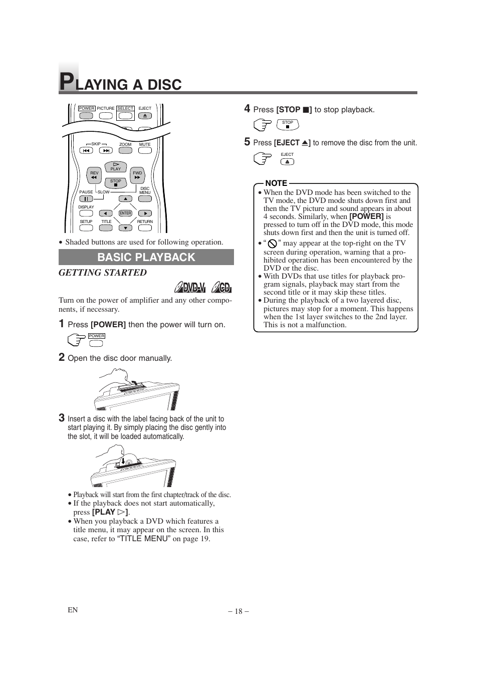 Laying a disc, Basic playback, Getting started | Sylvania SSL15D6 User Manual | Page 18 / 44