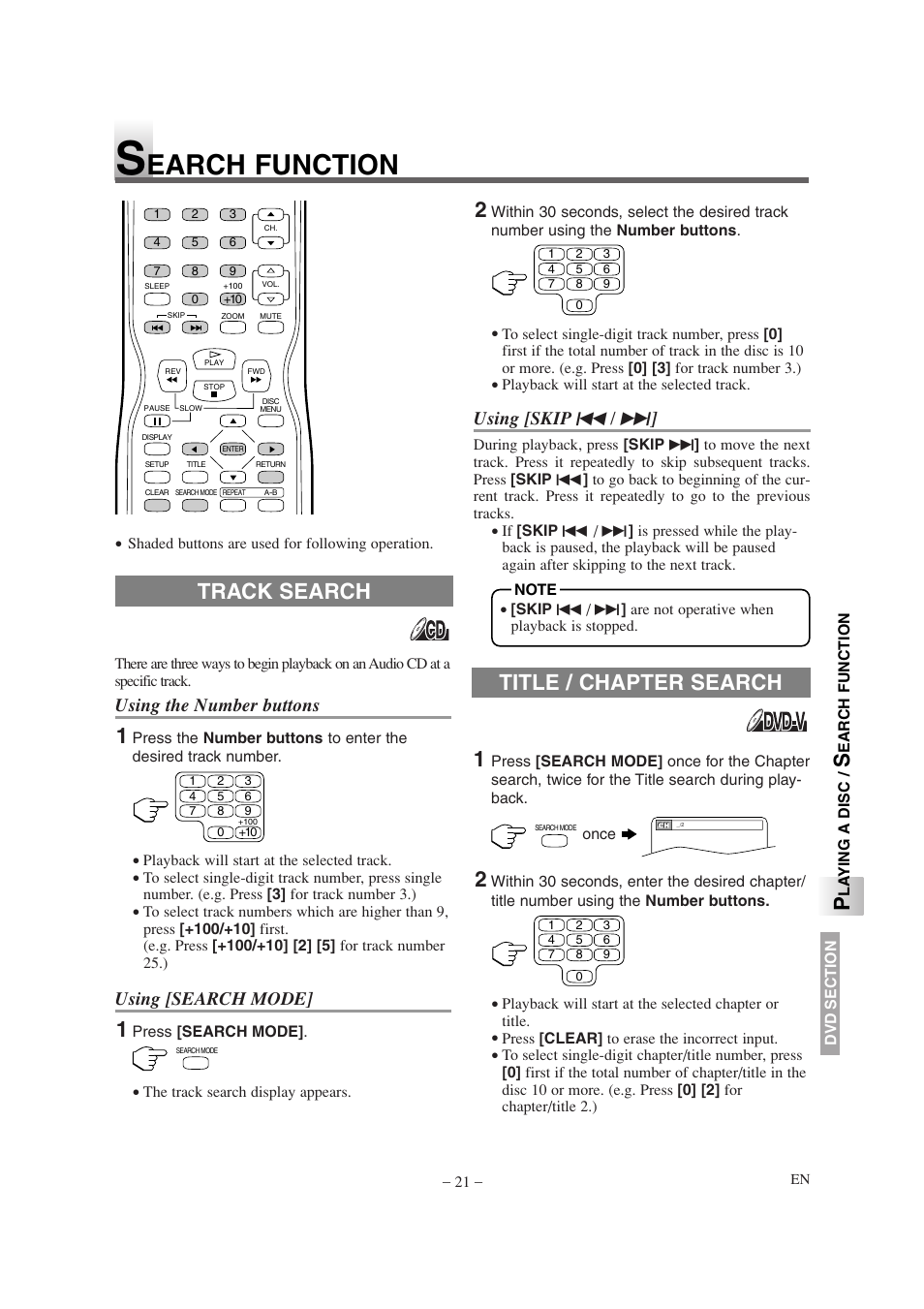 Earch function, Track search title / chapter search, Using the number buttons | Using [search mode, Using [skip h / g | Sylvania SSL15D6 User Manual | Page 21 / 44