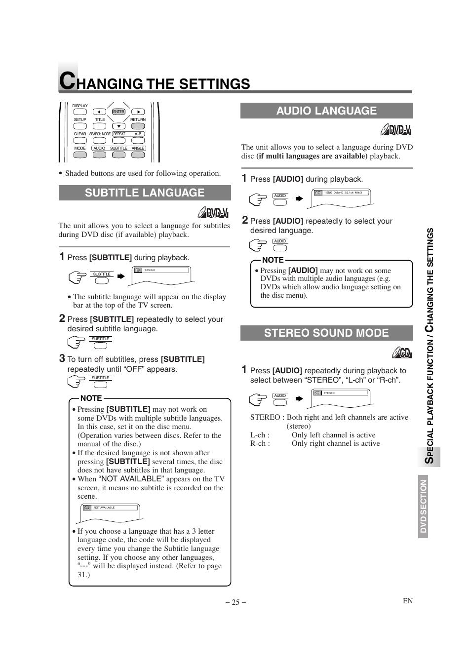 Hanging the settings, Audio language subtitle language, Stereo sound mode | Sylvania SSL15D6 User Manual | Page 25 / 44