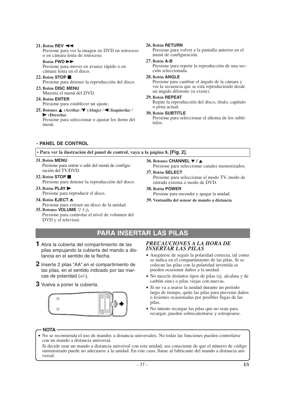 Para insertar las pilas 1 | Sylvania SSL15D6 User Manual | Page 37 / 44