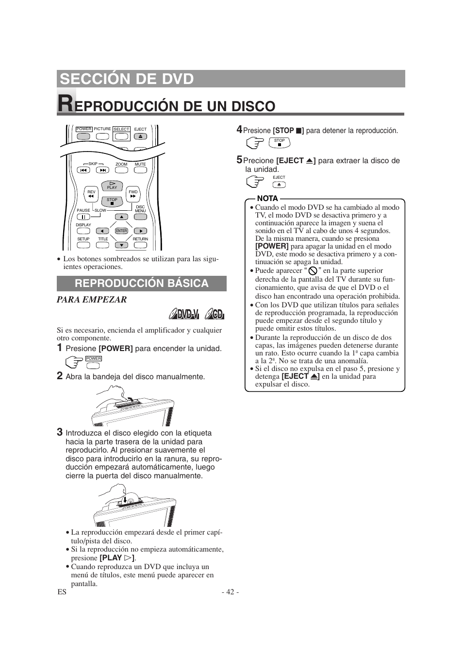 Sección de dvd, Eproducción de un disco, Reproducción básica | Sylvania SSL15D6 User Manual | Page 42 / 44