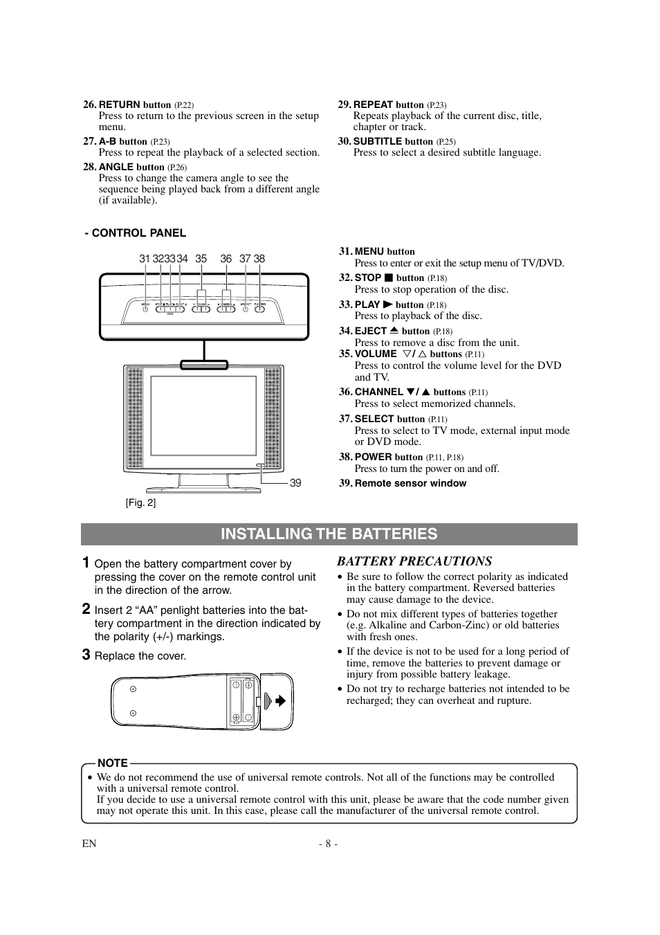Installing the batteries 1, Battery precautions | Sylvania SSL15D6 User Manual | Page 8 / 44