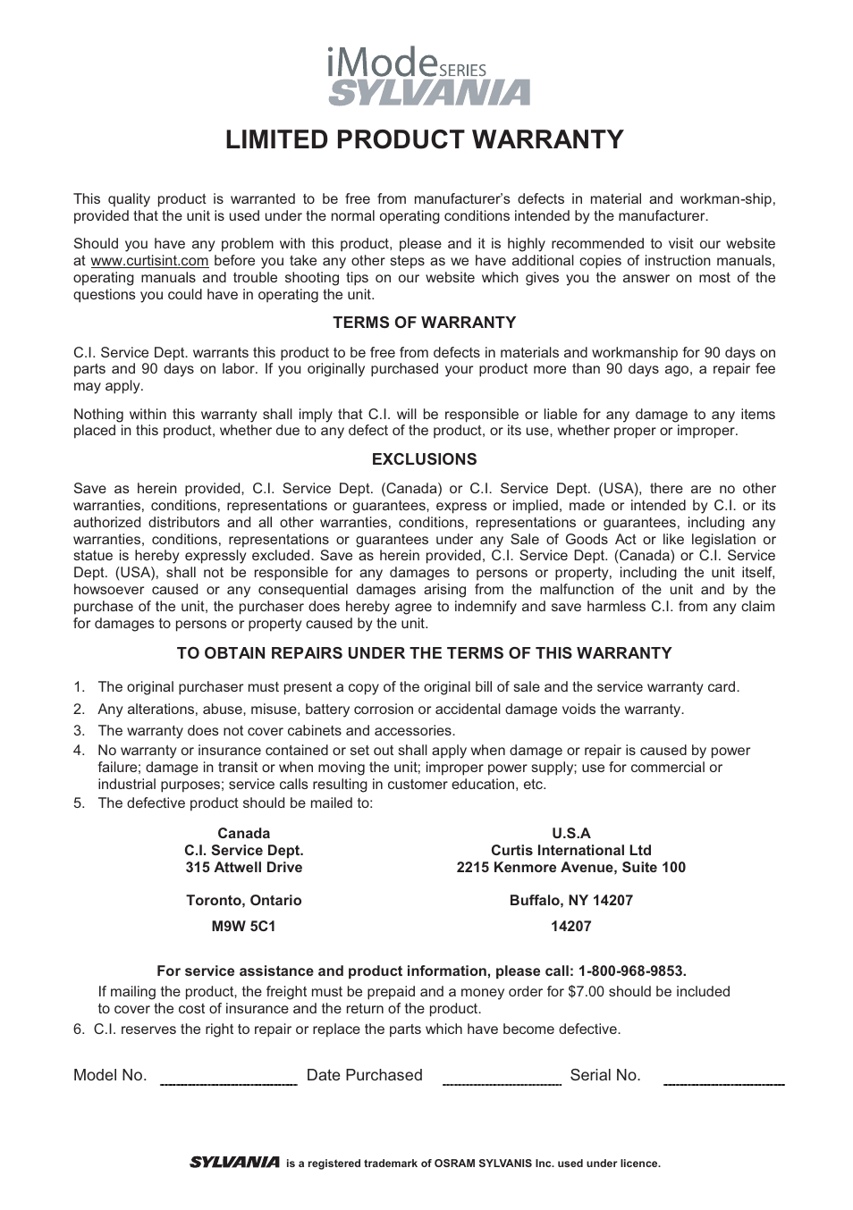Limited product warranty | Sylvania SIP1527 User Manual | Page 14 / 14