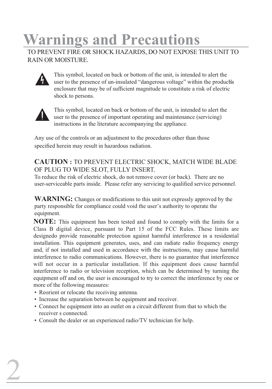 Warnings and precautions | Sylvania SIP1527 User Manual | Page 2 / 14