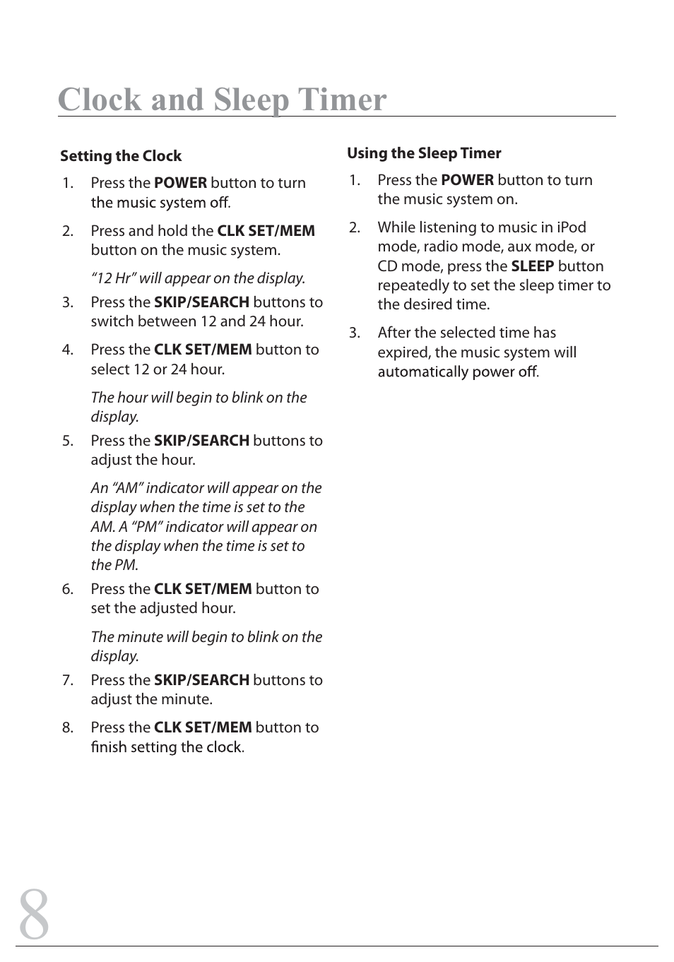 Clock and sleep timer | Sylvania SIP1527 User Manual | Page 8 / 14
