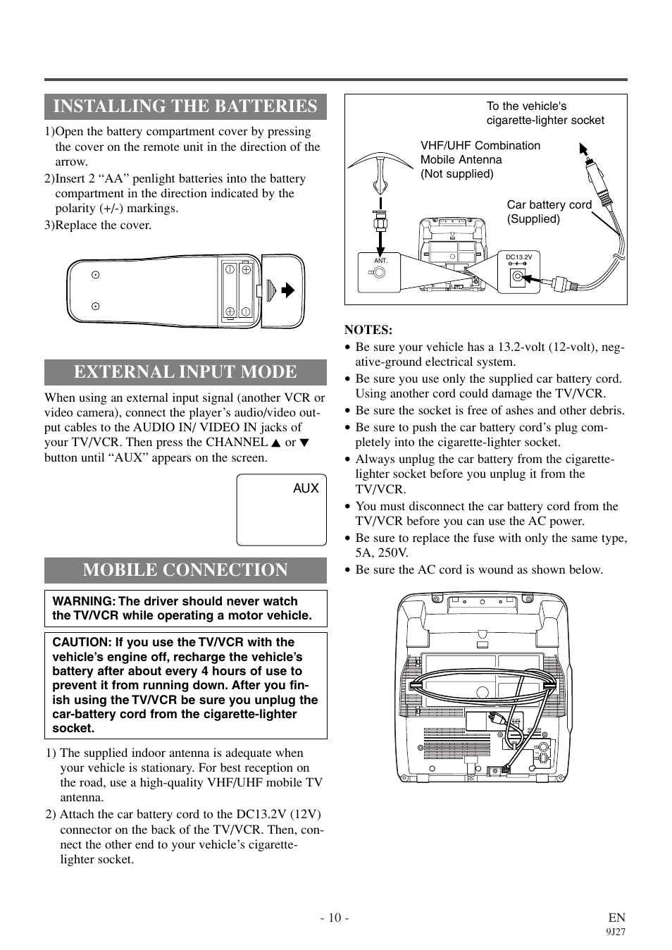 Installing the batteries, External input mode, Mobile connection | Sylvania 6309CE User Manual | Page 10 / 32