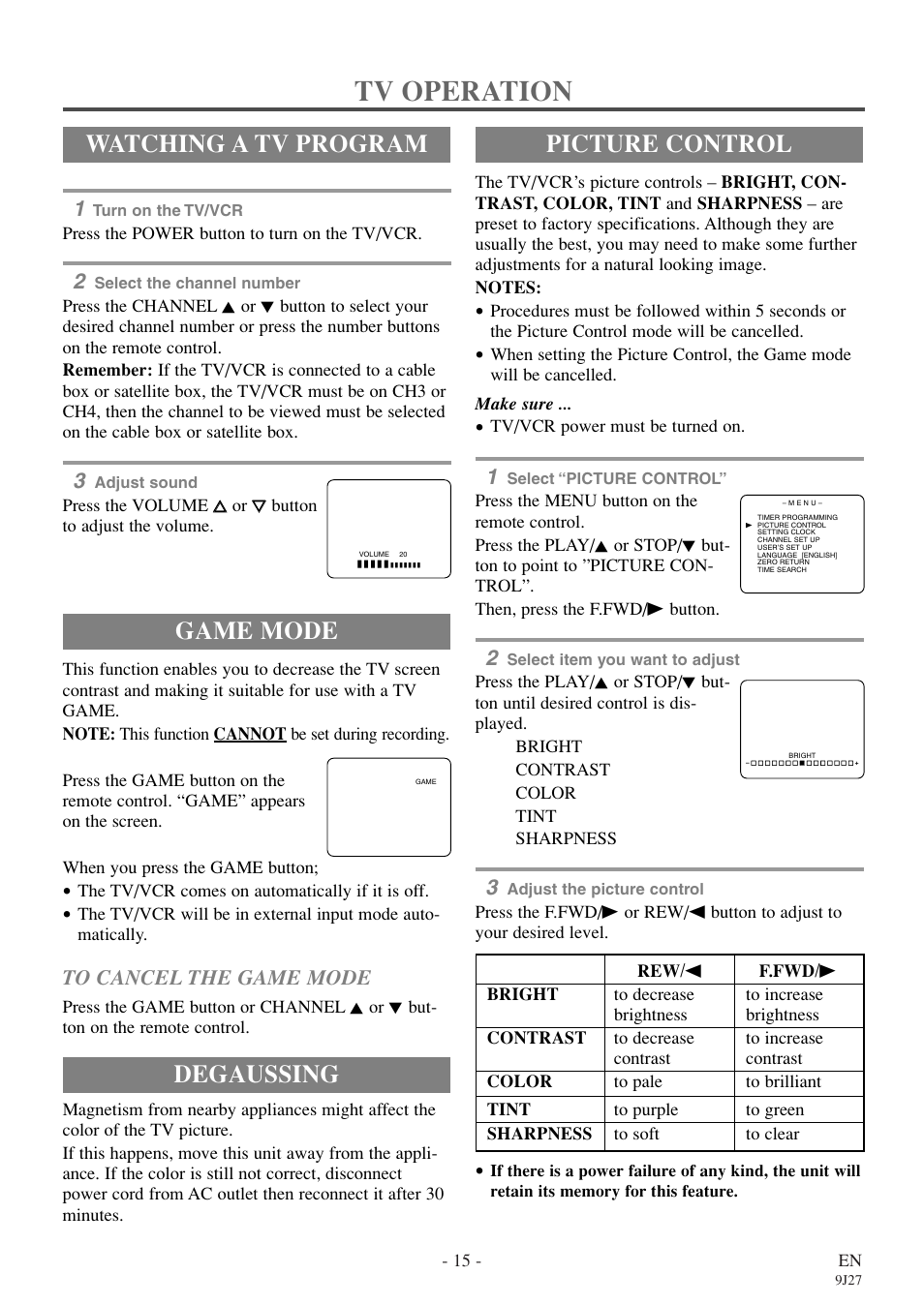 Tv operation, Watching a tv program, Game mode | Picture control, Degaussing | Sylvania 6309CE User Manual | Page 15 / 32