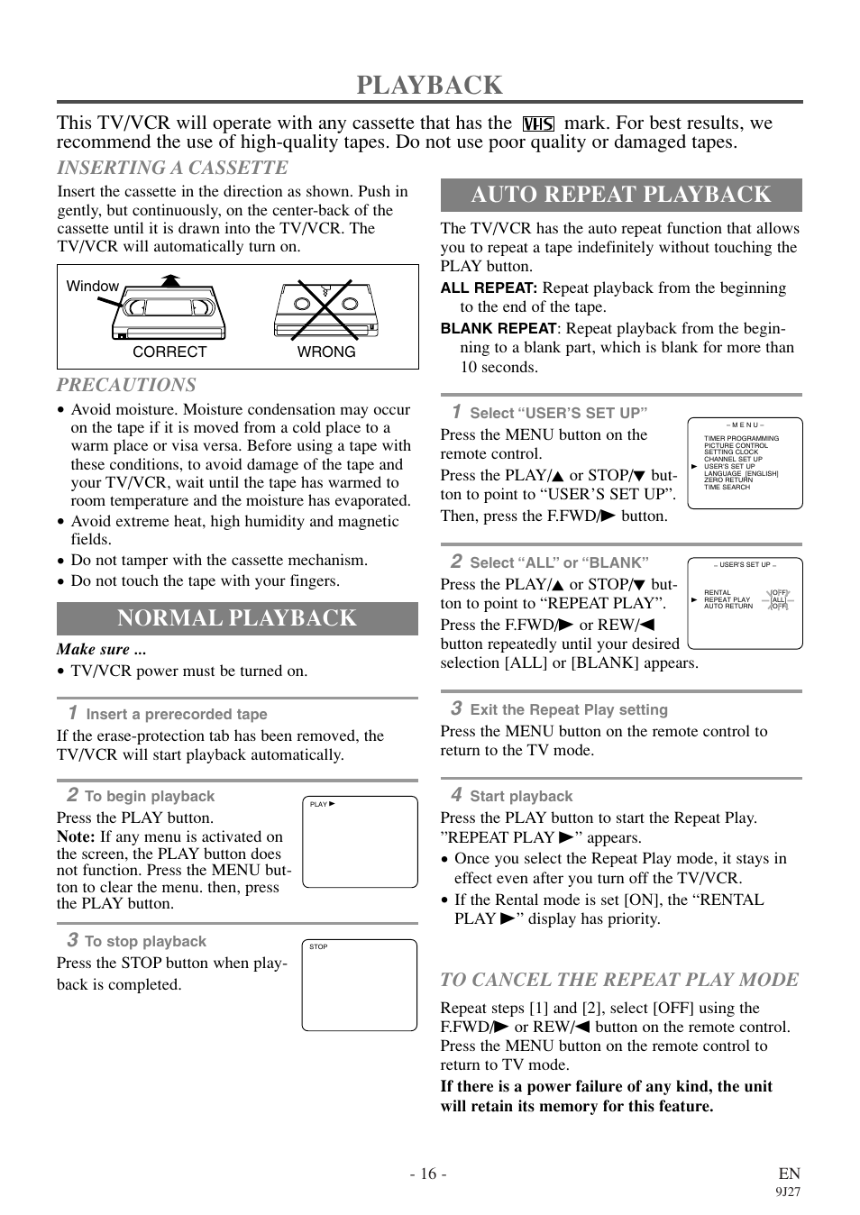 Playback, Normal playback, Auto repeat playback | Inserting a cassette | Sylvania 6309CE User Manual | Page 16 / 32