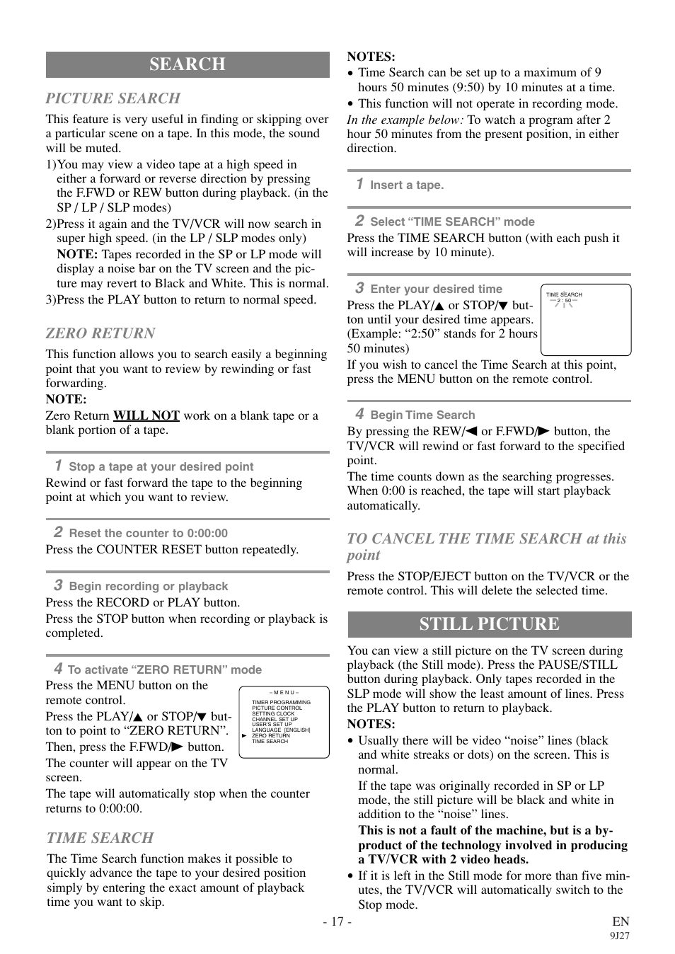 Still picture, Search, Picture search | Zero return, Time search | Sylvania 6309CE User Manual | Page 17 / 32