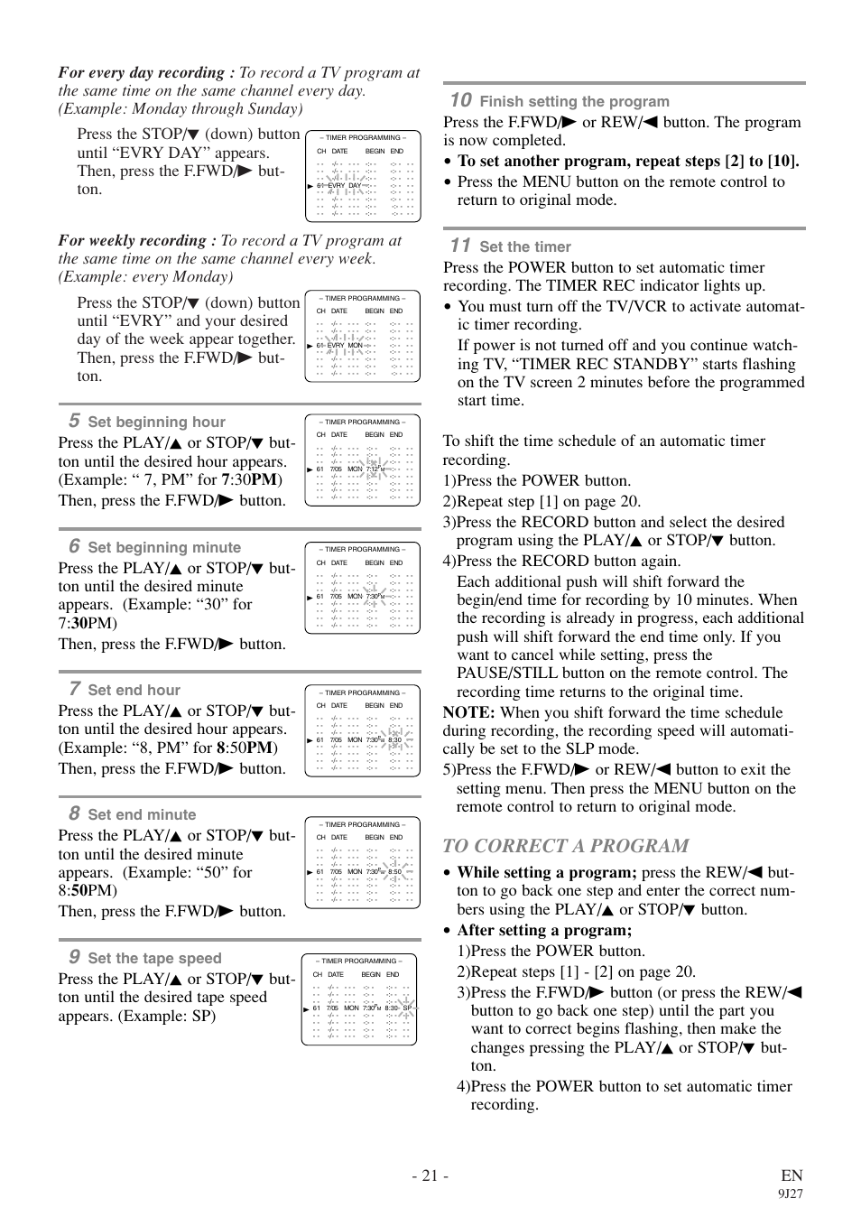 21 - en, Set beginning hour, Set beginning minute | Set end hour, Set end minute, Set the tape speed, Finish setting the program, Set the timer, 9j27 | Sylvania 6309CE User Manual | Page 21 / 32