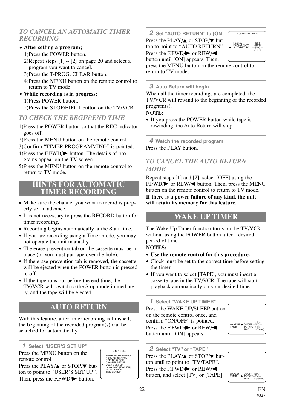 Hints for automatic timer recording, Auto return, Wake up timer | Sylvania 6309CE User Manual | Page 22 / 32