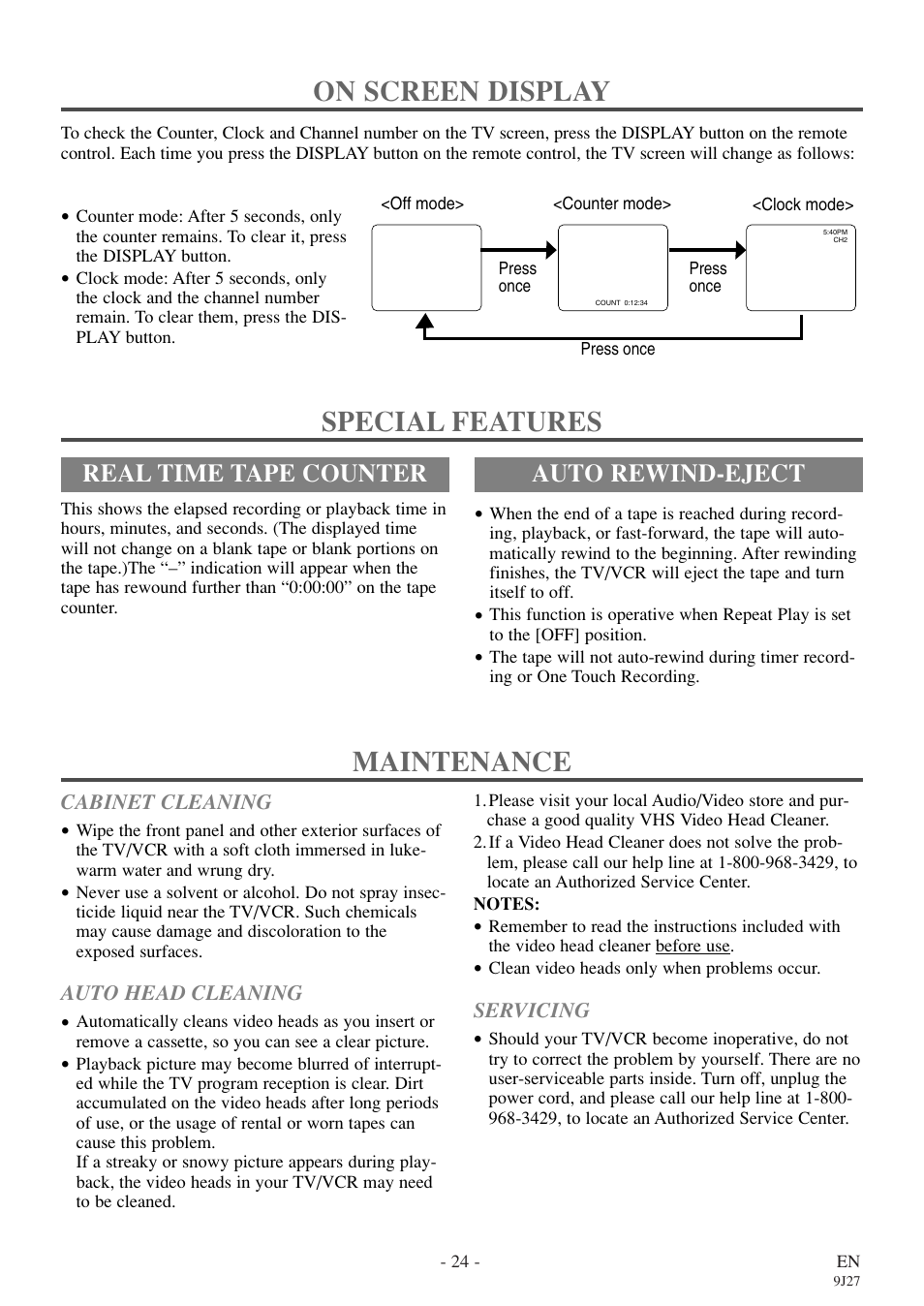 Maintenance, On screen display, Special features | Real time tape counter, Auto rewind-eject | Sylvania 6309CE User Manual | Page 24 / 32
