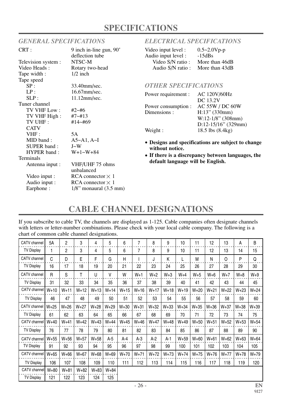 Specifications cable channel designations, General specifications, Electrical specifications | Other specifications | Sylvania 6309CE User Manual | Page 26 / 32