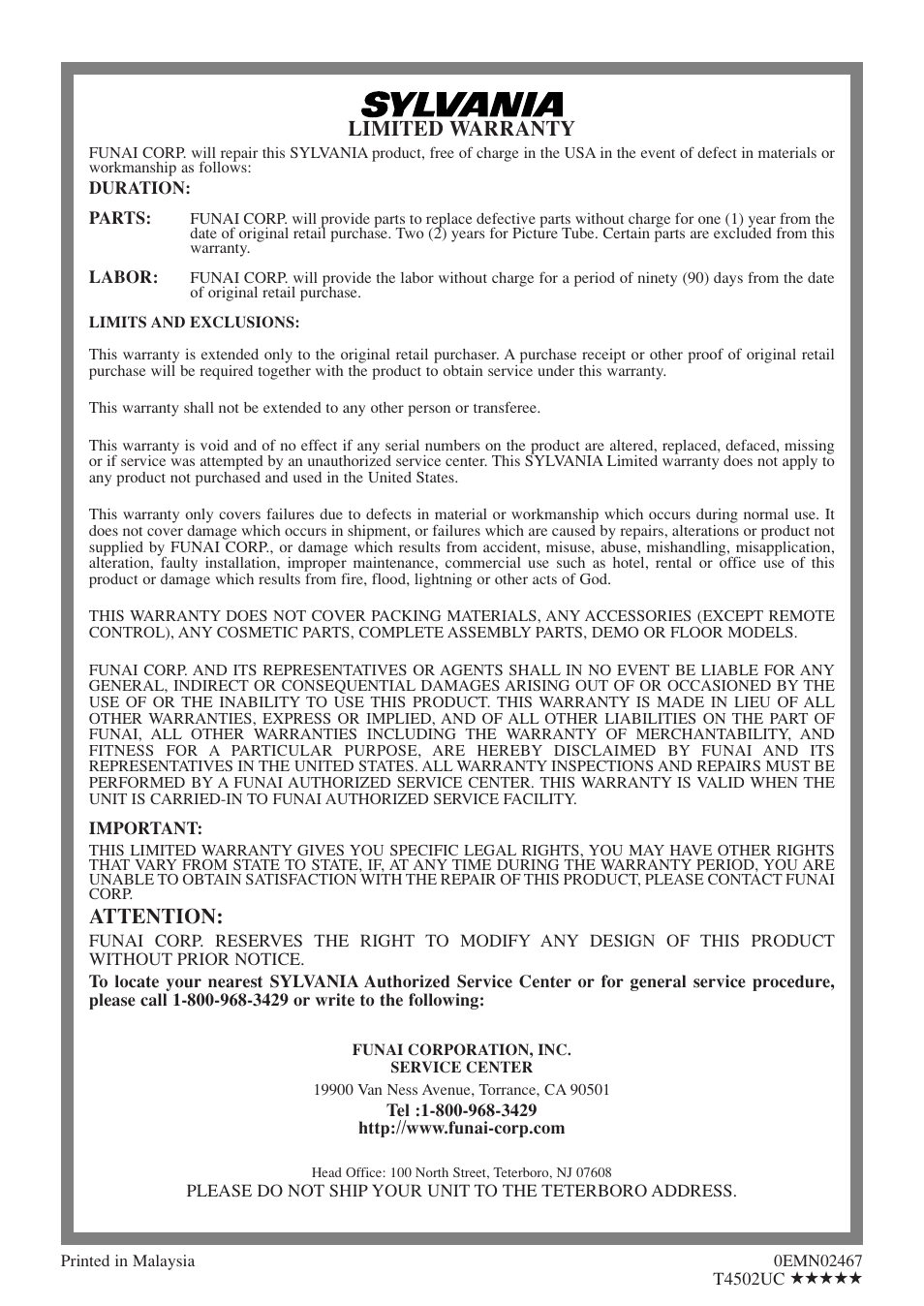 Limited warranty, Attention | Sylvania 6309CE User Manual | Page 32 / 32