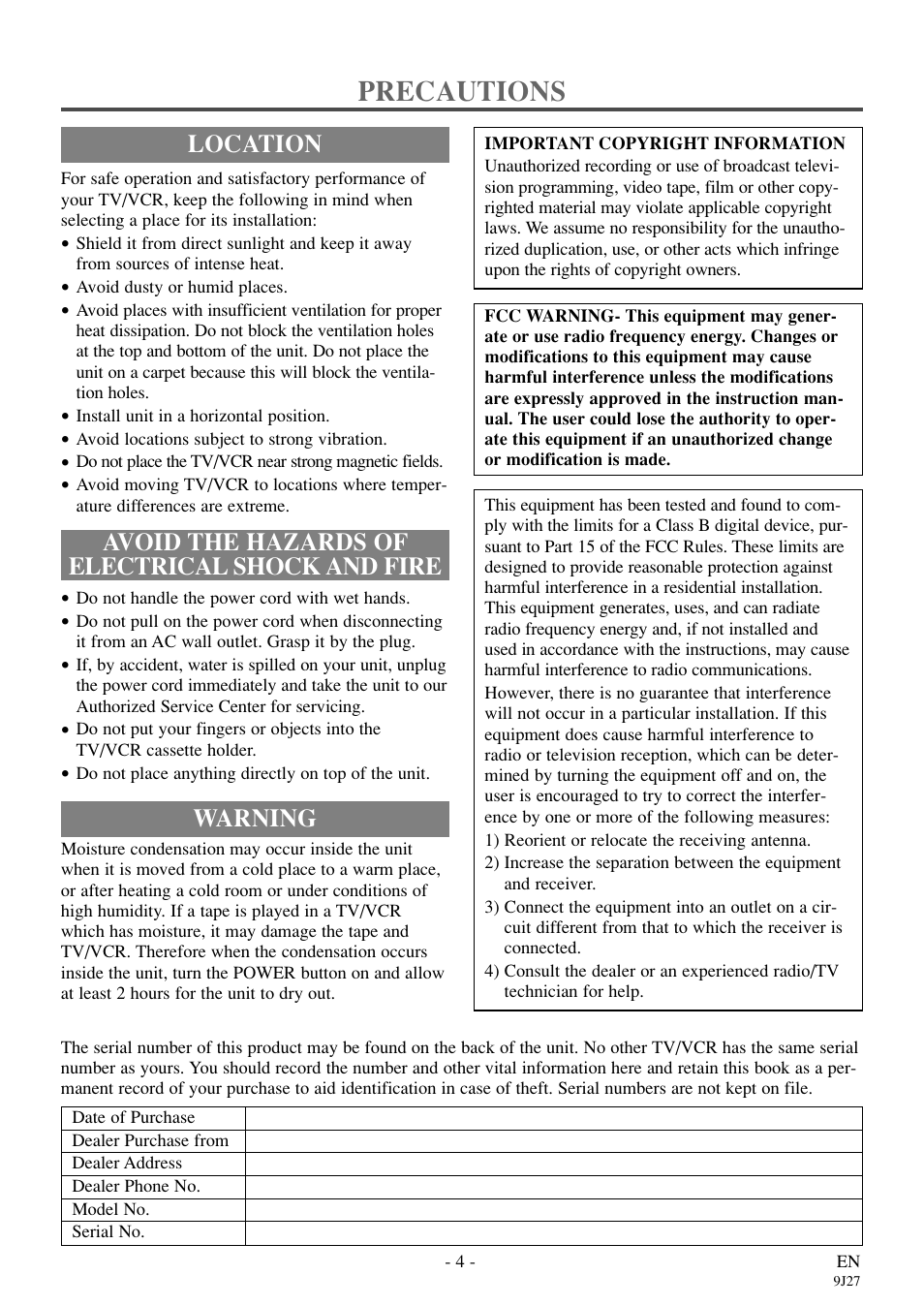 Precautions, Avoid the hazards of electrical shock and fire, Location | Warning | Sylvania 6309CE User Manual | Page 4 / 32