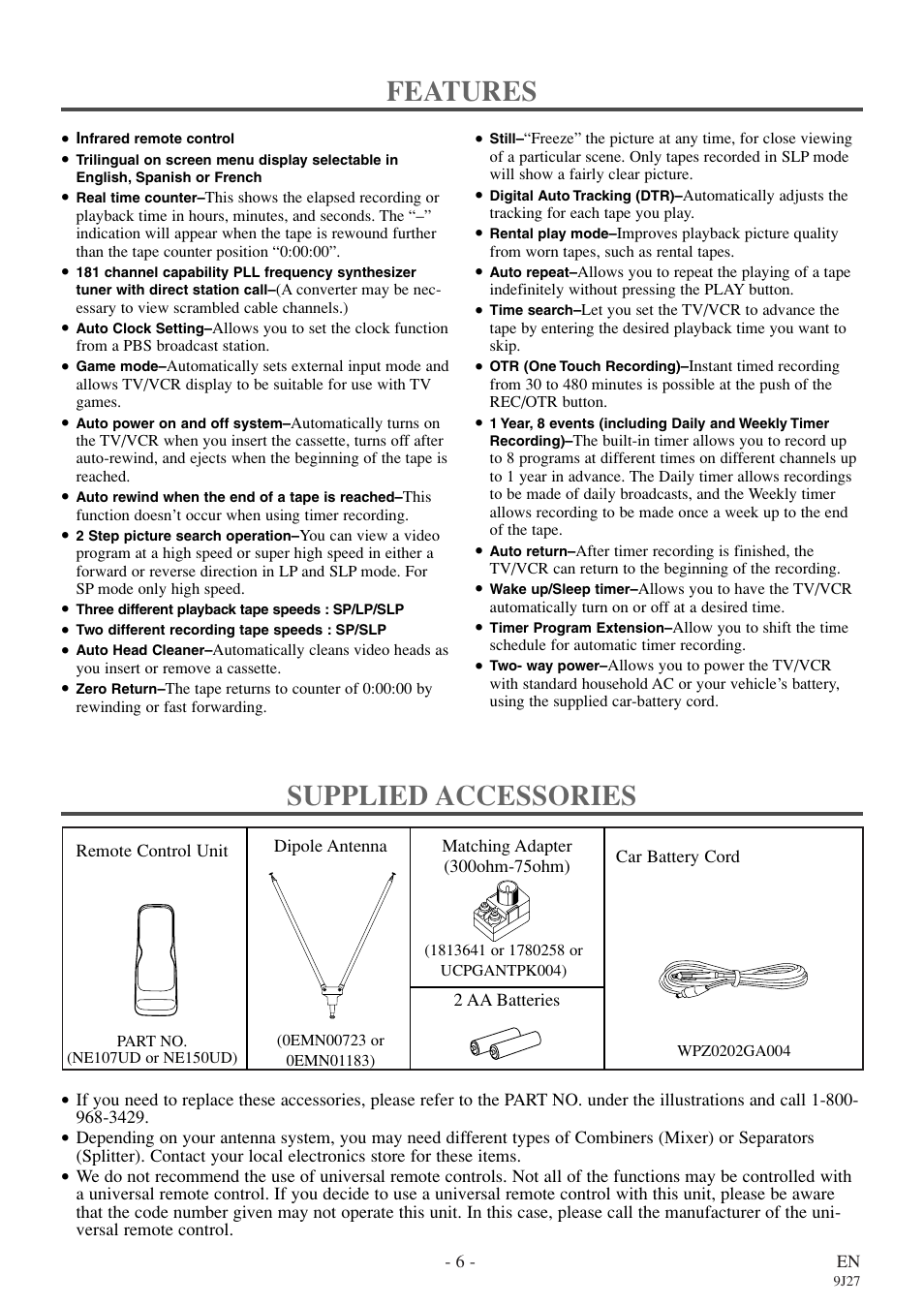 Features, Supplied accessories | Sylvania 6309CE User Manual | Page 6 / 32