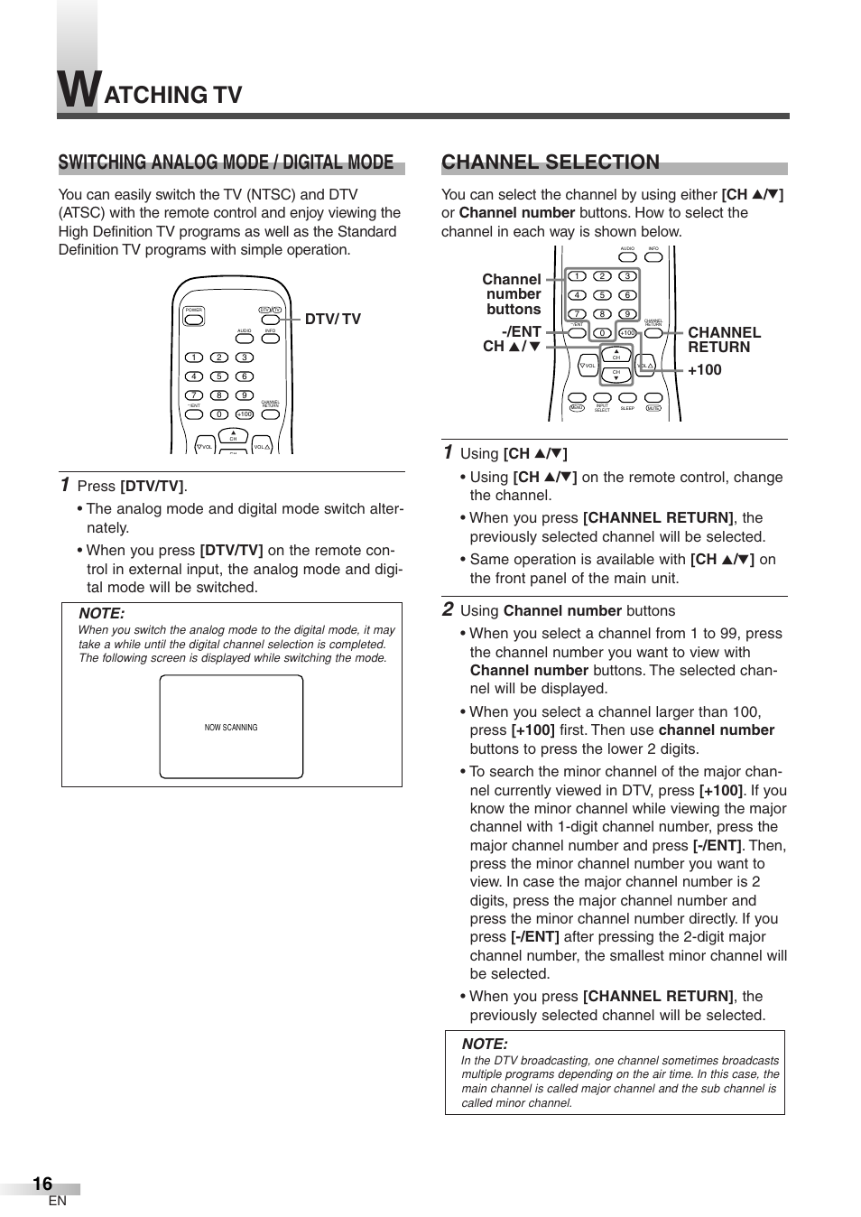 Atching tv, Switching analog mode / digital mode, Channel selection | Dtv/ tv | Sylvania 6427GFG A User Manual | Page 16 / 76