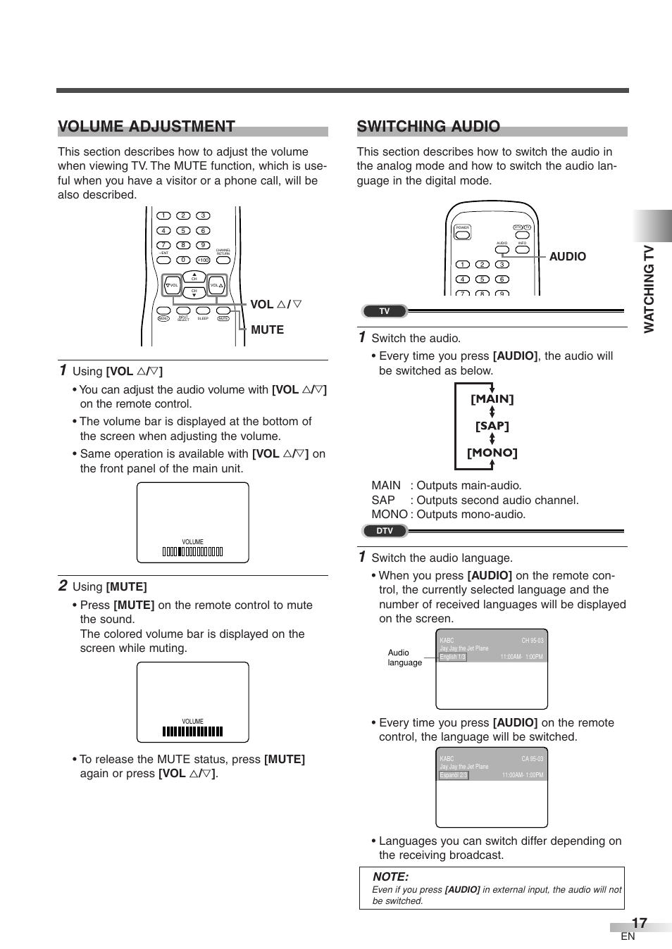 Volume adjustment, Switching audio, Wa t ching tv | Mute vol x / y, Audio | Sylvania 6427GFG A User Manual | Page 17 / 76