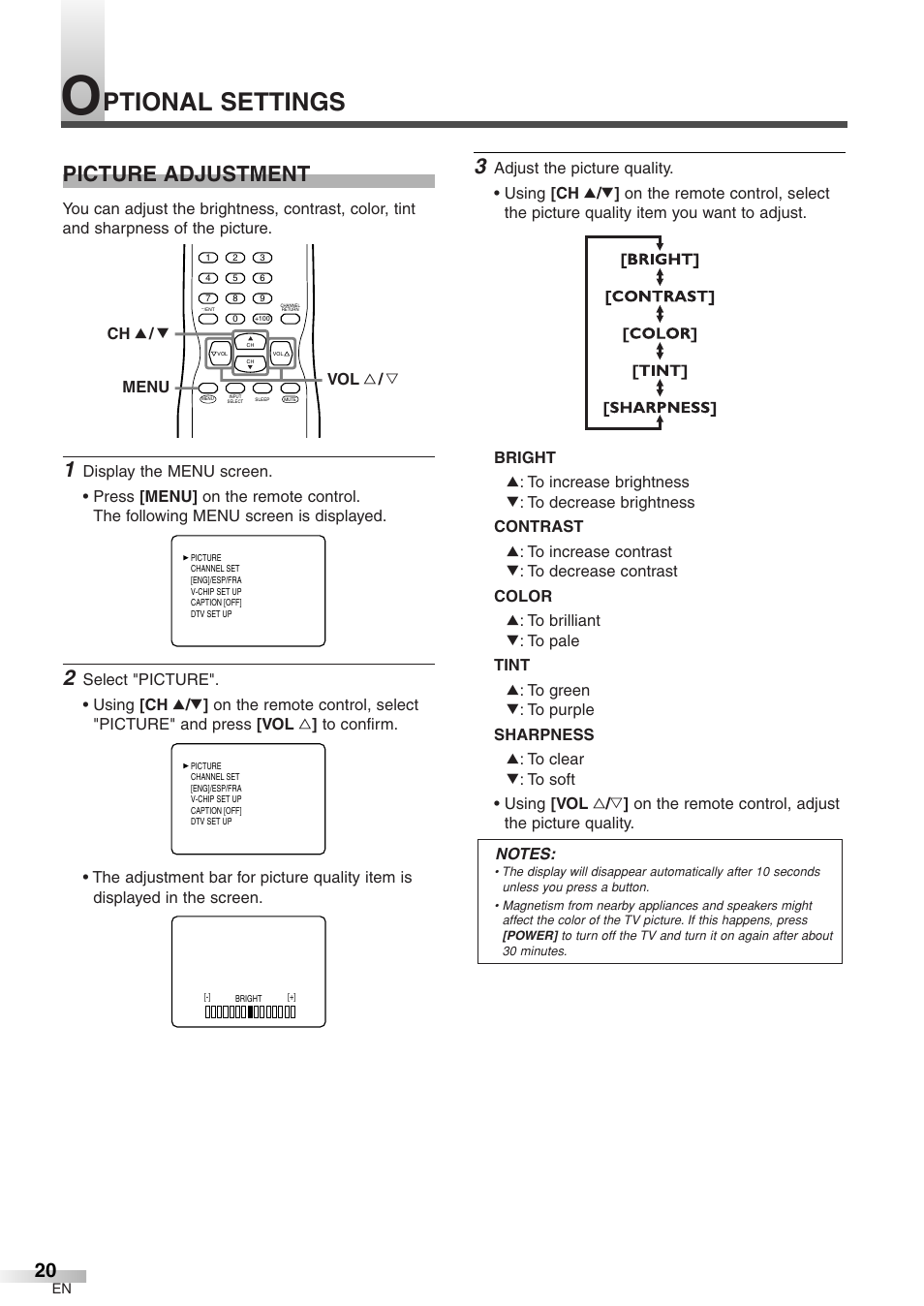 Ptional settings, Picture adjustment | Sylvania 6427GFG A User Manual | Page 20 / 76