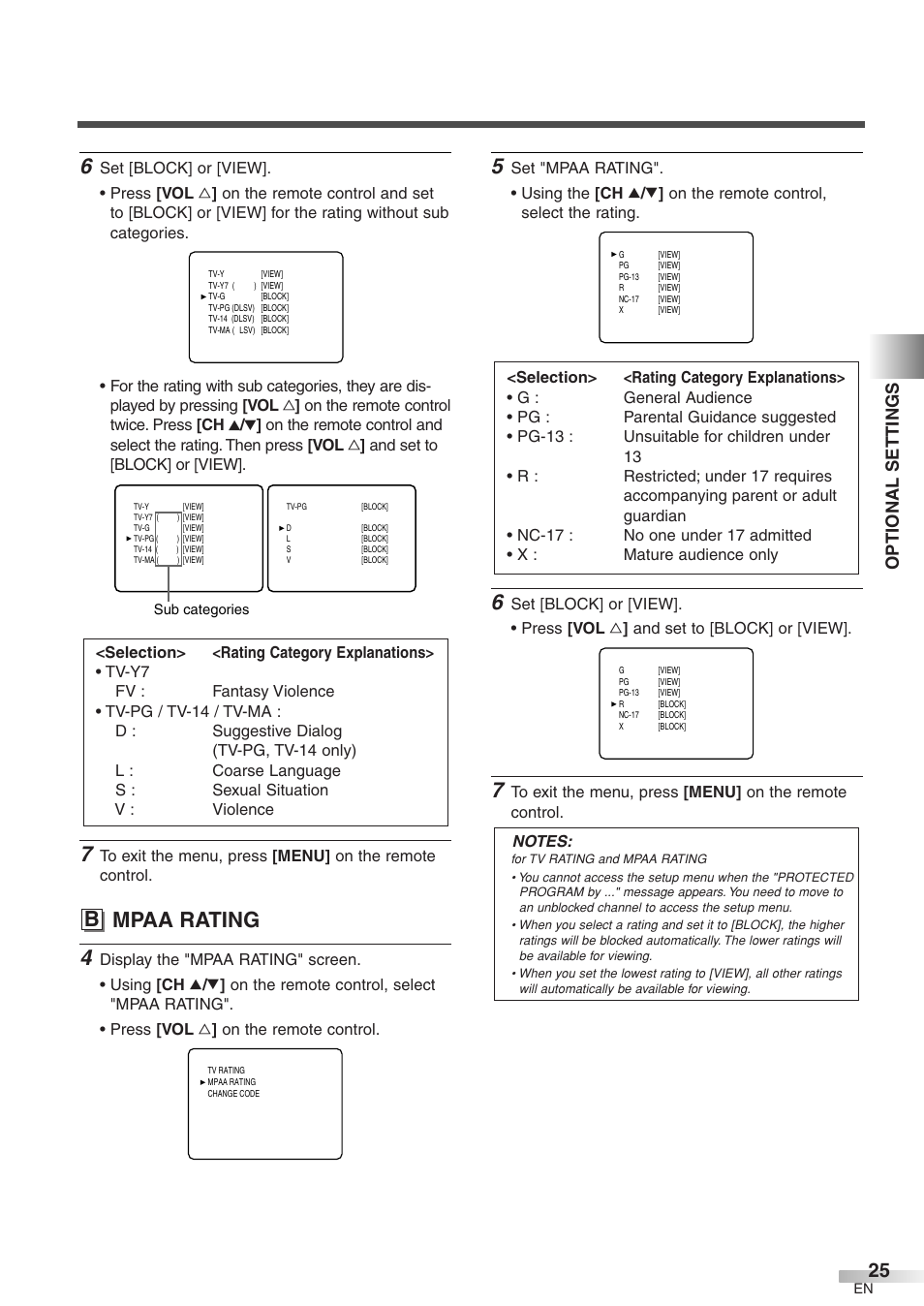 B mpaa rating, Optional settings | Sylvania 6427GFG A User Manual | Page 25 / 76