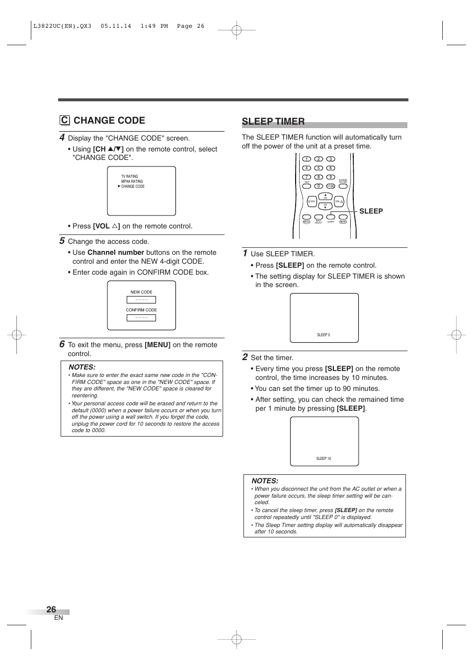 C change code sleep timer, Sleep | Sylvania 6427GFG A User Manual | Page 26 / 76