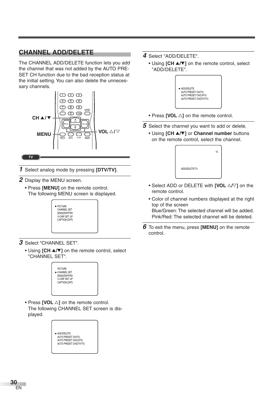 Channel add/delete, Select analog mode by pressing [dtv/tv, Menu ch k / l vol x / y | Sylvania 6427GFG A User Manual | Page 30 / 76