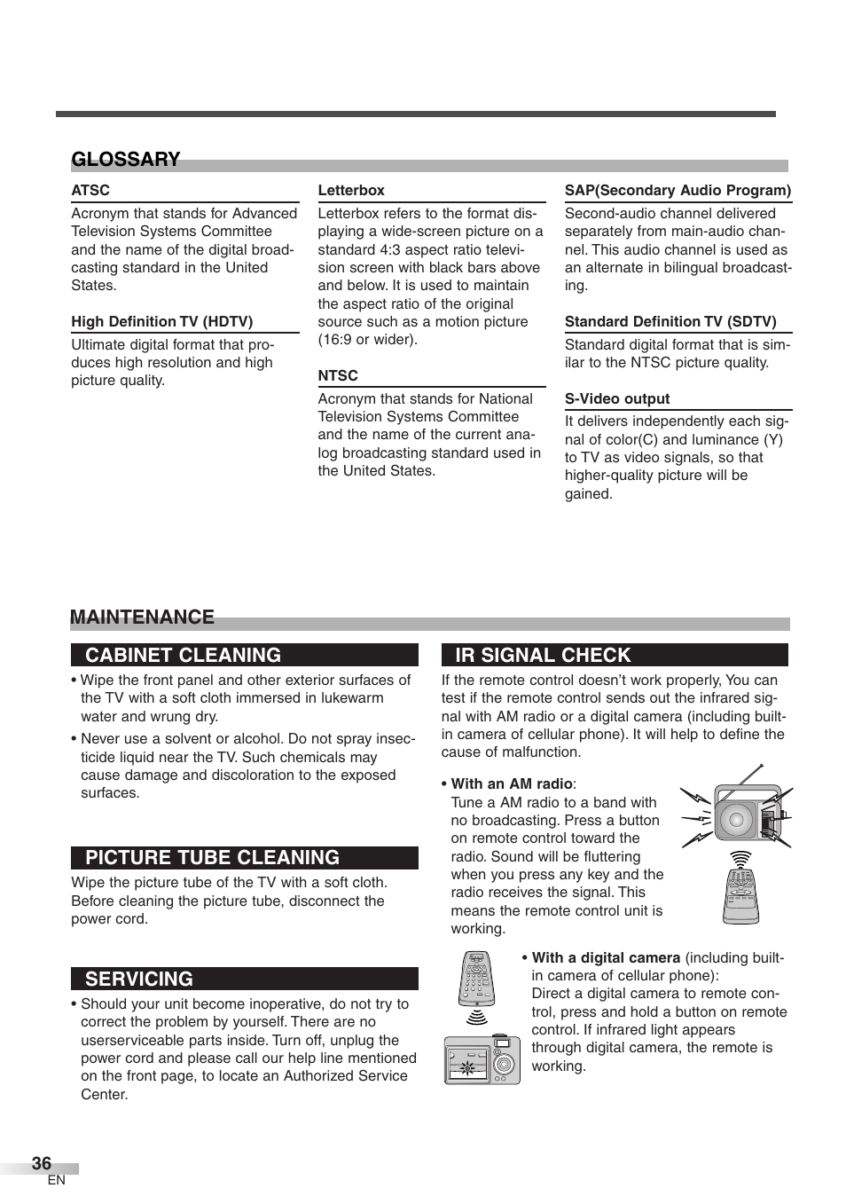 Cabinet cleaning, Picture tube cleaning, Servicing | Ir signal check, Vicing maintenance glossary | Sylvania 6427GFG A User Manual | Page 36 / 76