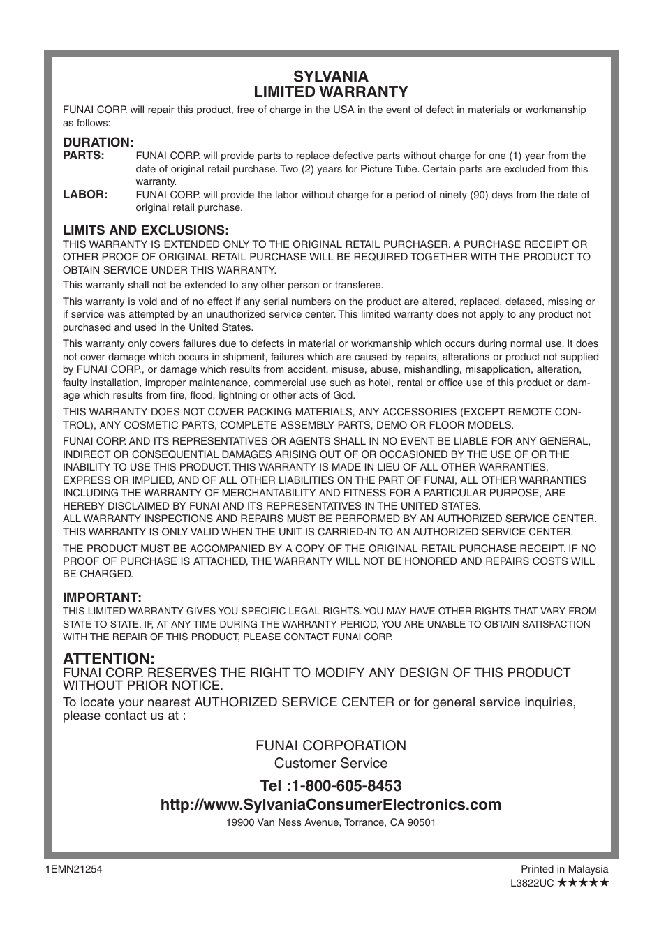 Sylvania limited warranty, Attention | Sylvania 6427GFG A User Manual | Page 38 / 76