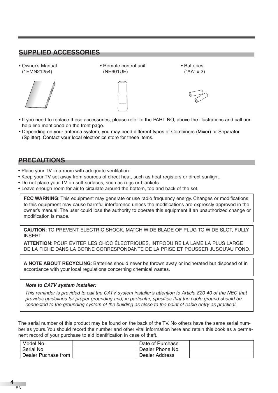 Precautions, Supplied accessories | Sylvania 6427GFG A User Manual | Page 4 / 76