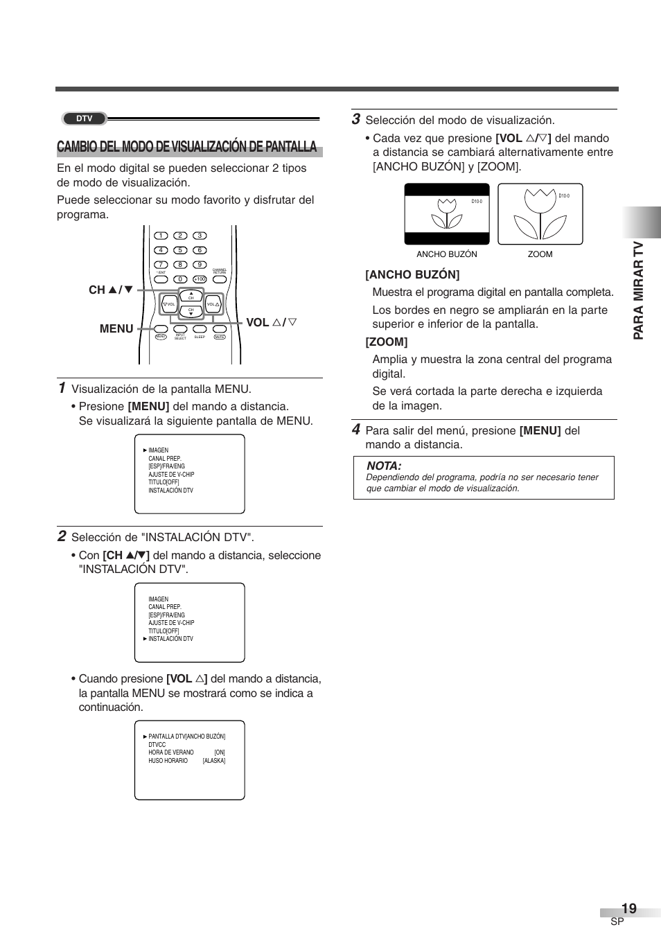 Cambio del modo de visualización de pantalla, Para mirar tv, Menu ch k / l vol x / y | Sylvania 6427GFG A User Manual | Page 57 / 76