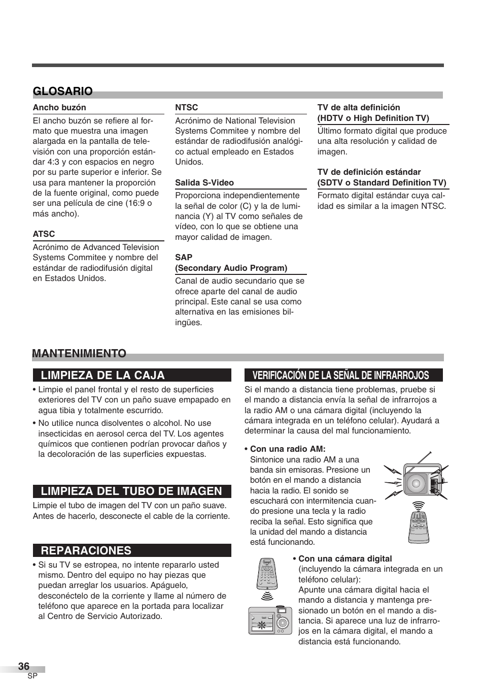 Limpieza de la caja, Limpieza del tubo de imagen, Reparaciones | Verificación de la señal de infrarrojos, Mantenimiento glosario | Sylvania 6427GFG A User Manual | Page 74 / 76