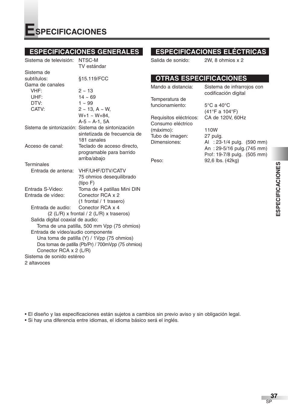 Specificaciones, Especificaciones generales, Especificaciones eléctricas | Otras especificaciones | Sylvania 6427GFG A User Manual | Page 75 / 76