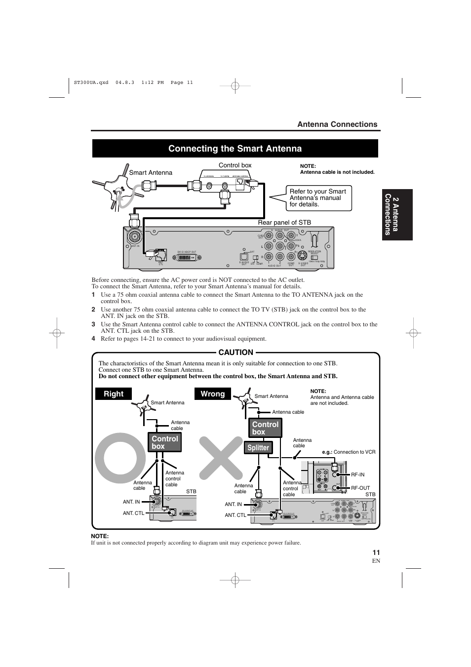 Connecting the smart antenna, Antenna connections 2 antenna connections, Caution | Right, Control box, Wrong, Control box splitter, Rear panel of stb | Sylvania 6900DTE User Manual | Page 11 / 72