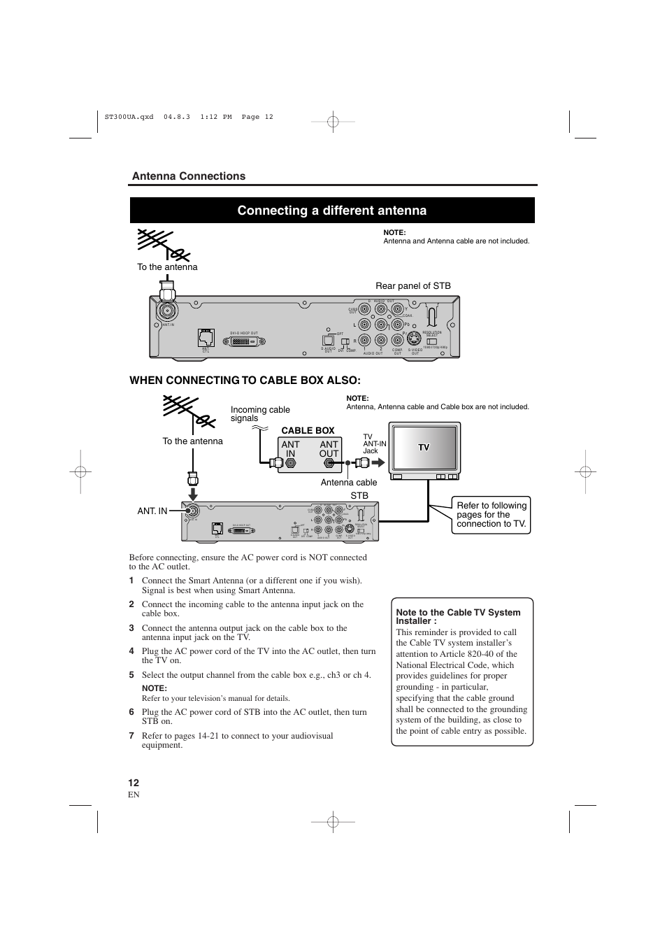 Connecting a different antenna, Antenna connections, When connecting to cable box also | Rear panel of stb to the antenna to the antenna, Ant. in incoming cable signals, Stb cable box | Sylvania 6900DTE User Manual | Page 12 / 72