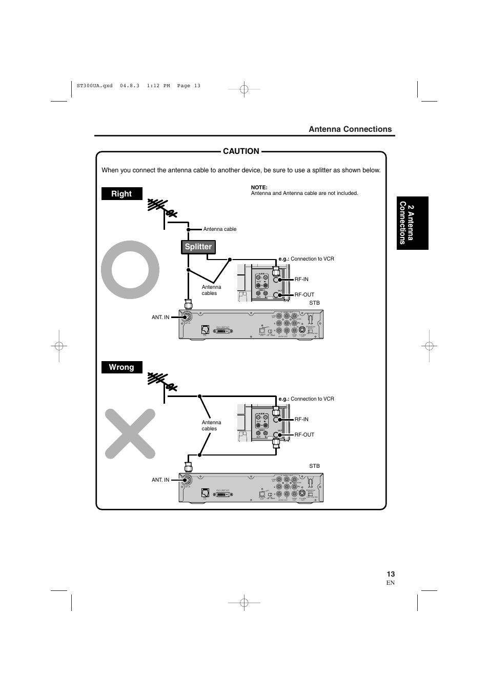 Antenna connections, Caution right splitter, Wrong | 2 antenna connections, 1a23, E.g.: connection to vcr, Ant. in, Ant. in rf-in rf-out e.g.: connection to vcr stb | Sylvania 6900DTE User Manual | Page 13 / 72
