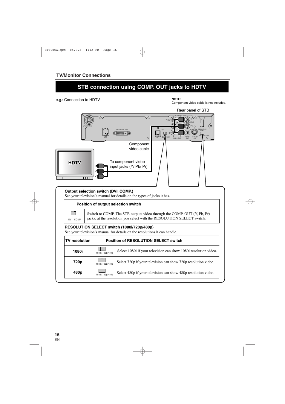 Stb connection using comp. out jacks to hdtv, Tv/monitor connections | Sylvania 6900DTE User Manual | Page 16 / 72