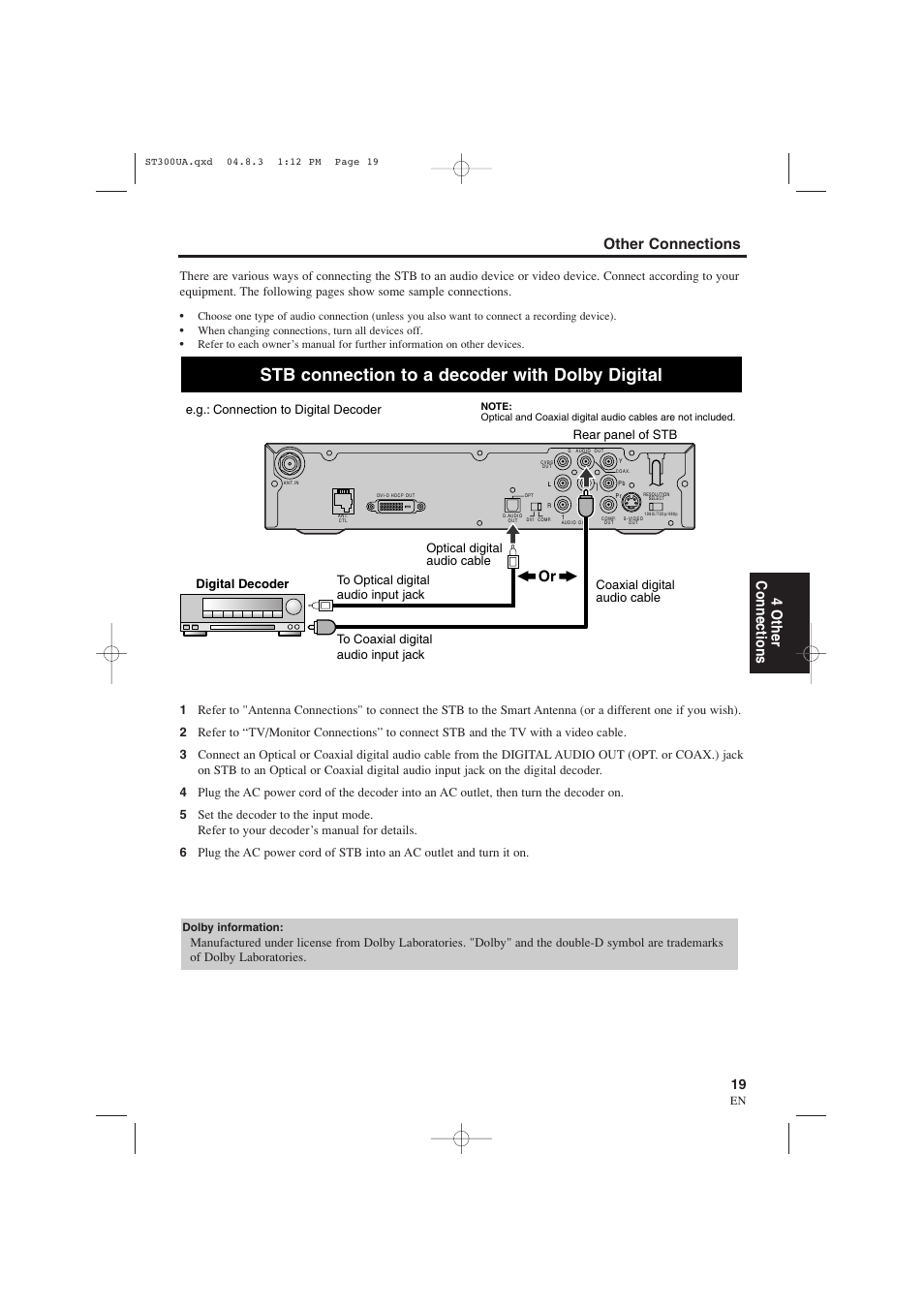 Stb connection to a decoder with dolby digital, Other connections 4 other connections, E.g.: connection to digital decoder | Sylvania 6900DTE User Manual | Page 19 / 72