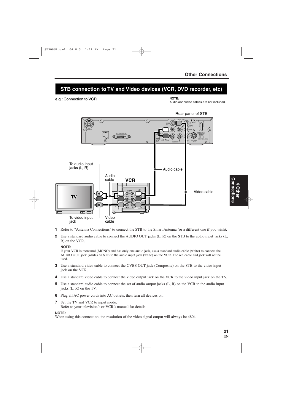 Other connections 4 other connections, E.g.: connection to vcr rear panel of stb, Audio cable | Sylvania 6900DTE User Manual | Page 21 / 72